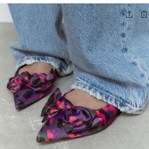 ZARA Pink Purple Print Satin Bow Slingback Flats
